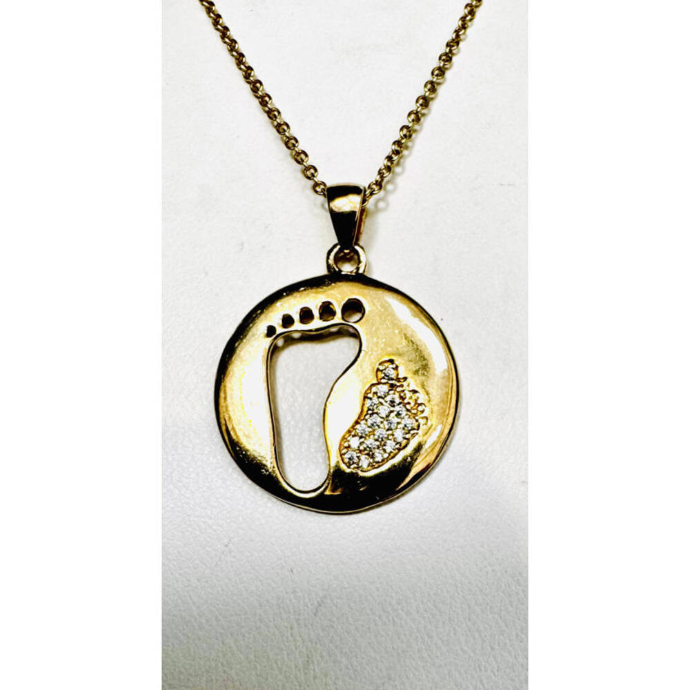Signed ATI China Gold Plated Sterling Silver Mom & Baby Foot Pendant Necklace